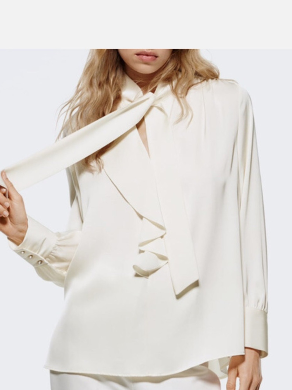 Zara Ivory Satin Ruffle Blouse with Neck Tie